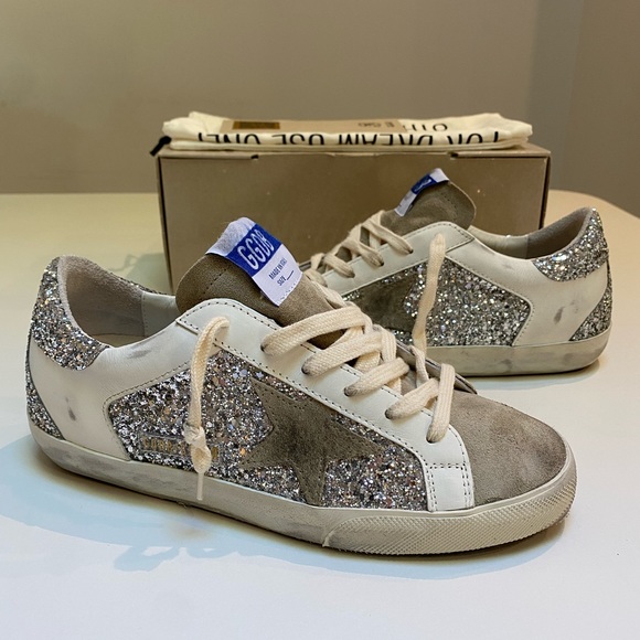 Golden Goose Superstar Sneaker White Leather/Silver Glitter/Taupe Suede 38 NIB - Picture 12 of 15
